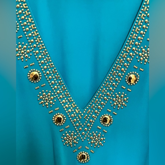 🟡MICHAEL KORS LOVED AUTHENTIC TEAL EMBELLISHED TUNIC V-NECK EMBELLISHED BLOUSE - Picture 3 of 14